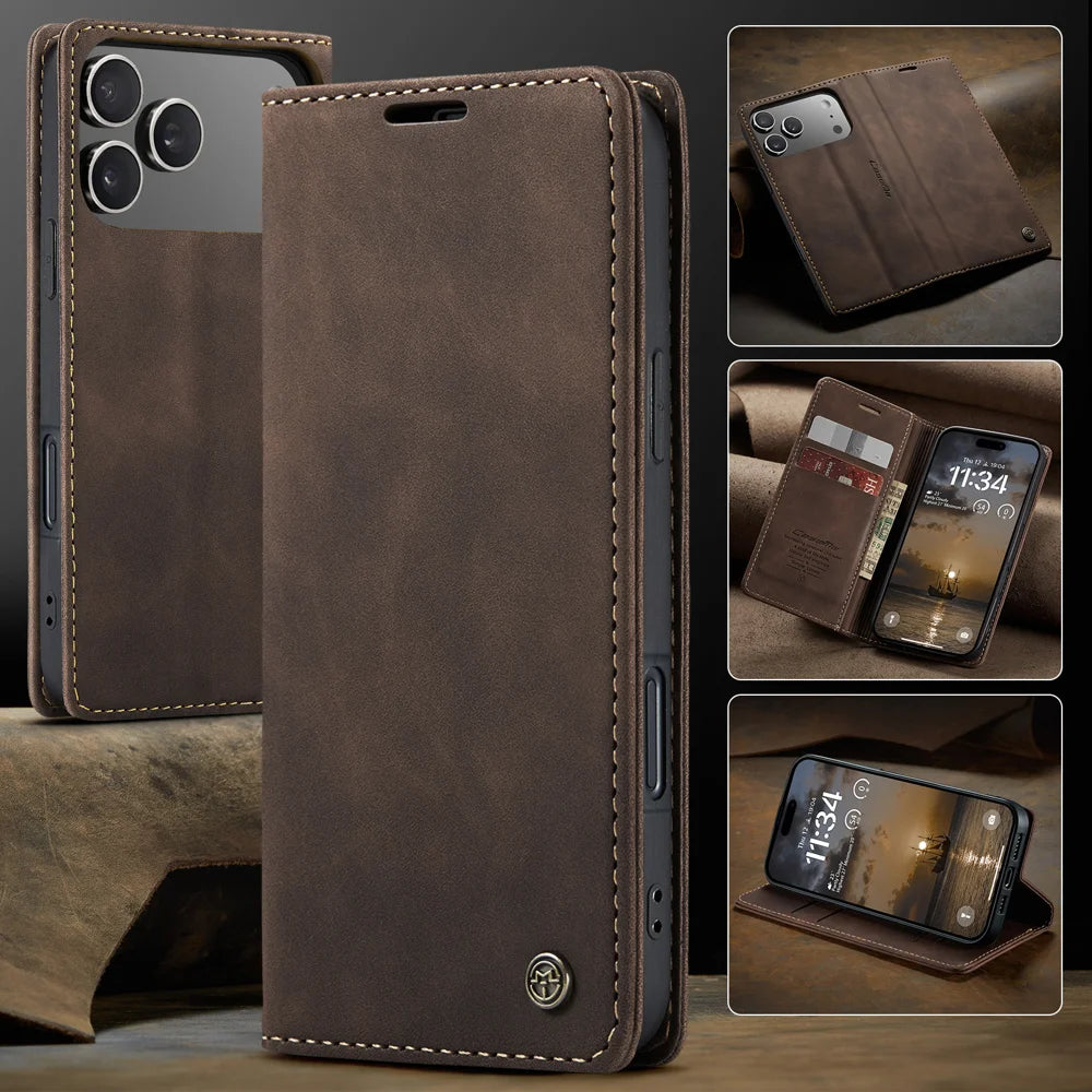 CASEME For iPhone 18 Pro / 17 Pro Wallet Case  013 Series PU Leather Phone Cover Stand - Coffee - 7