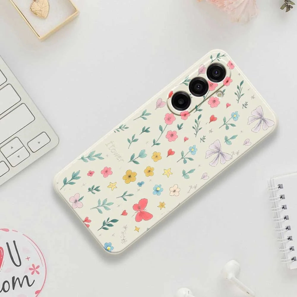 For Samsung Galaxy A18 5G / A18 4G / A17 5G / A17 4G Case Floral Bow Pattern Printing Straight Edge TPU Phone Back Cover - Beige - 7