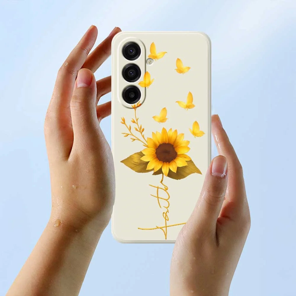 For Samsung Galaxy A18 5G / A18 4G / A17 5G / A17 4G Case Golden Butterfly Sunflower Pattern Printing Straight Edge TPU Phone Back Cover - Beige - 5