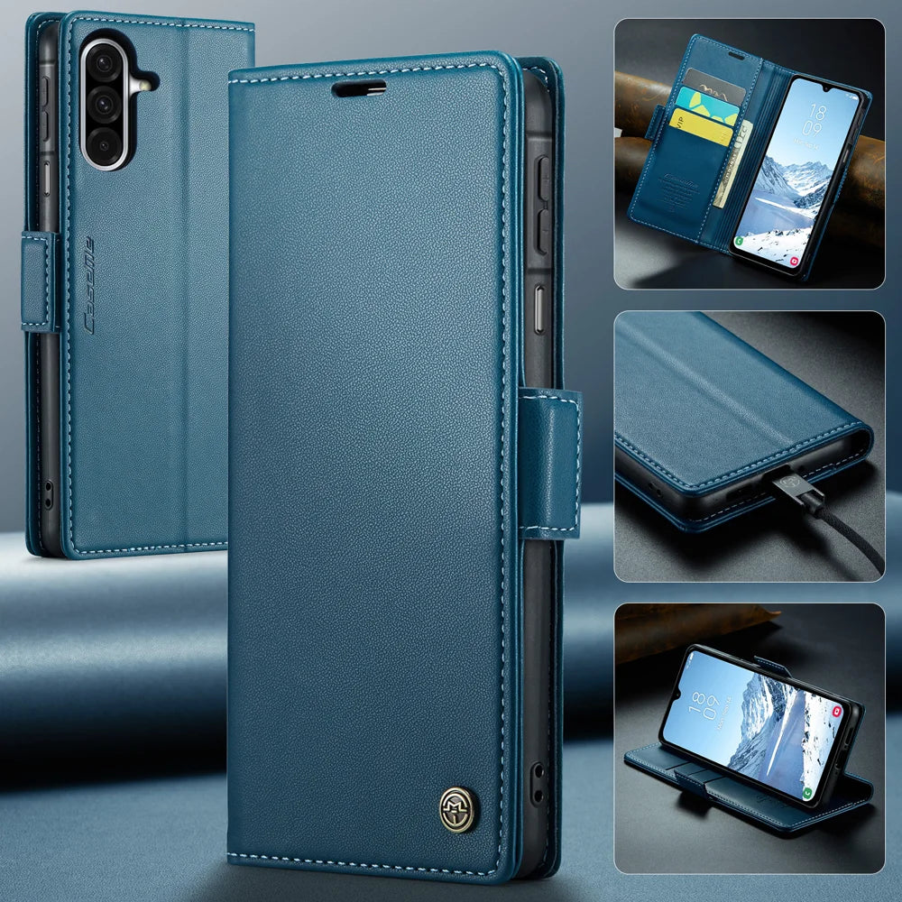 CASEME For Samsung Galaxy A18 5G / A18 4G / A17 5G / A17 4G Case  023 Series RFID Blocking Glossy Stand Phone Cover - Blue - 4