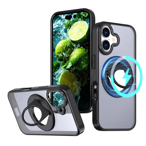 For iPhone 17 Clear Back Case Rotating Kickstand TPU + PC Phone Cover Compatible with MagSafe - Black - 1