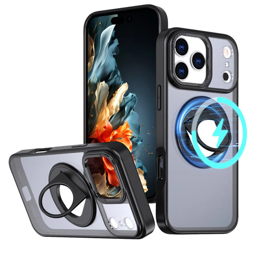 For iPhone 17 Pro Clear Back Case Rotating Kickstand TPU + PC Phone Cover Compatible with MagSafe - Black - 1