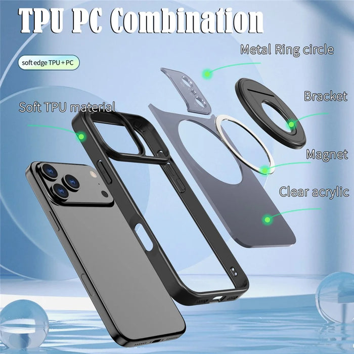 For iPhone 17 Pro Clear Back Case Rotating Kickstand TPU + PC Phone Cover Compatible with MagSafe - Black - 6