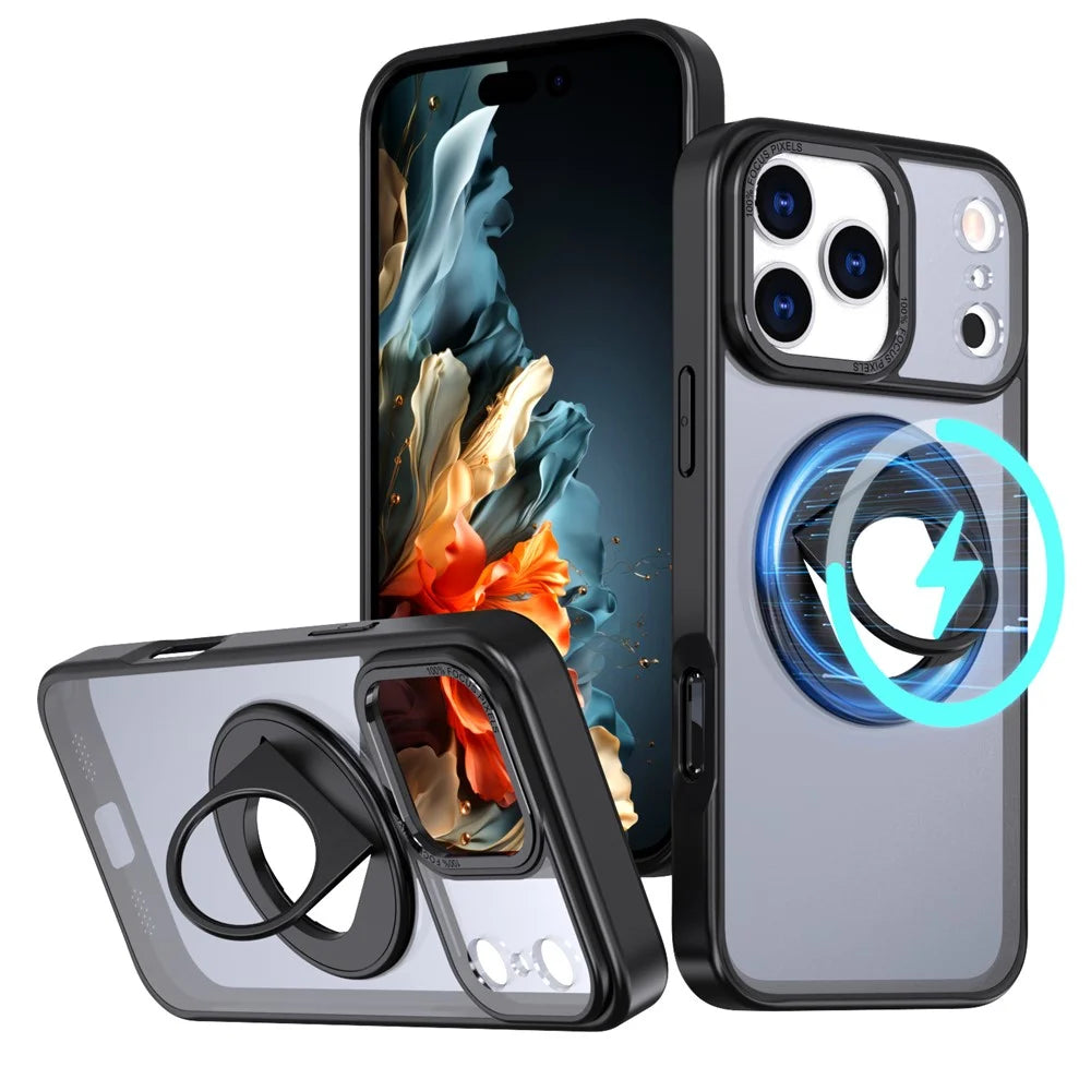 For iPhone 17 Pro Max Clear Back Case Rotating Kickstand TPU + PC Phone Cover Compatible with MagSafe - Black - 1