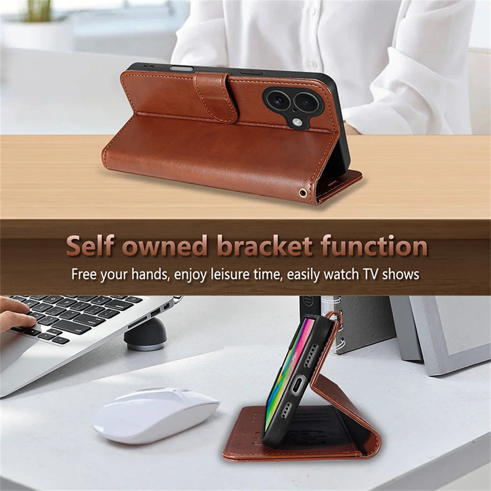 AZNS For iPhone 17 Case Anti-Scratch PU Leather Stand Wallet Phone Cover - Brown - 6