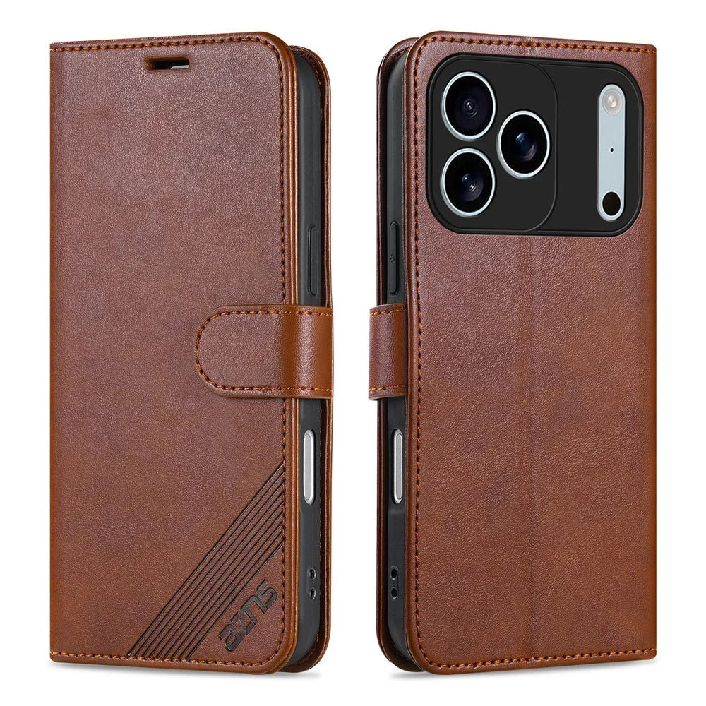 AZNS For iPhone 18 Pro / 17 Pro Case Anti-Scratch PU Leather Stand Wallet Phone Cover - Brown - 1