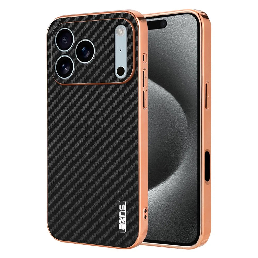 AZNS For iPhone 18 Pro / 17 Pro Case Electroplating Carbon Fiber Texture PU + TPU Phone Cover - Black - 1