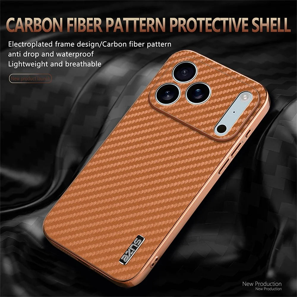 AZNS For iPhone 18 Pro / 17 Pro Case Electroplating Carbon Fiber Texture PU + TPU Phone Cover - Black - 3