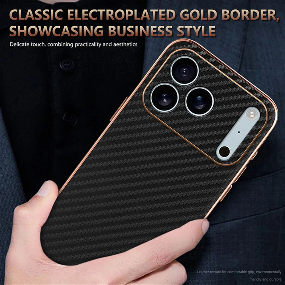 AZNS For iPhone 18 Pro / 17 Pro Case Electroplating Carbon Fiber Texture PU + TPU Phone Cover - Black - 7