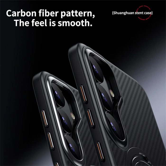 For Samsung Galaxy S24 Magnetic Case PC + TPU Phone Cover Ring Holder Carbon Fiber Texture - Black - 7