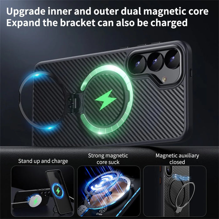 For Samsung Galaxy S24+ Magnetic Case PC + TPU Phone Cover Ring Holder Carbon Fiber Texture - Black - 3