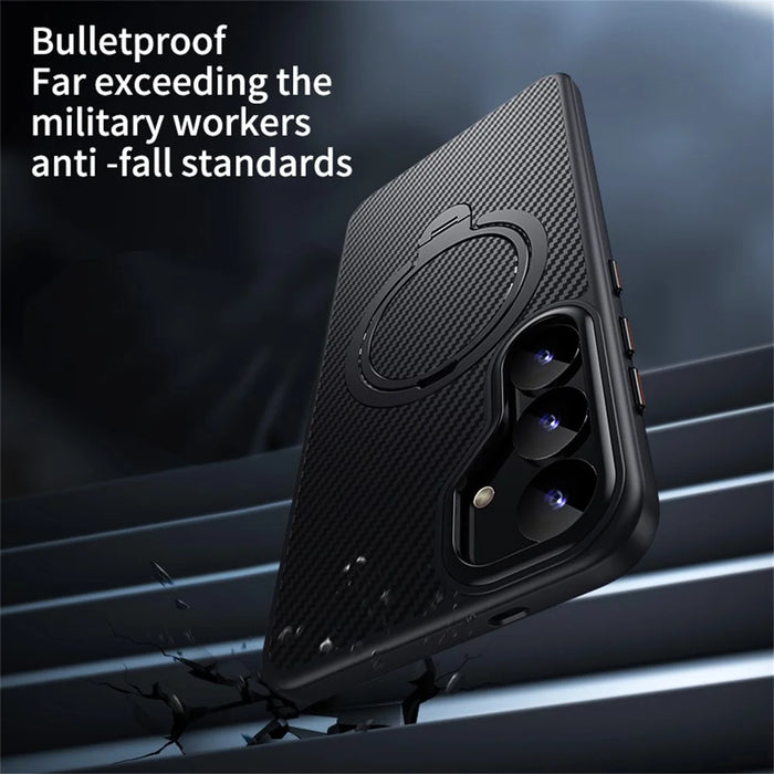 For Samsung Galaxy S24+ Magnetic Case PC + TPU Phone Cover Ring Holder Carbon Fiber Texture - Black - 4