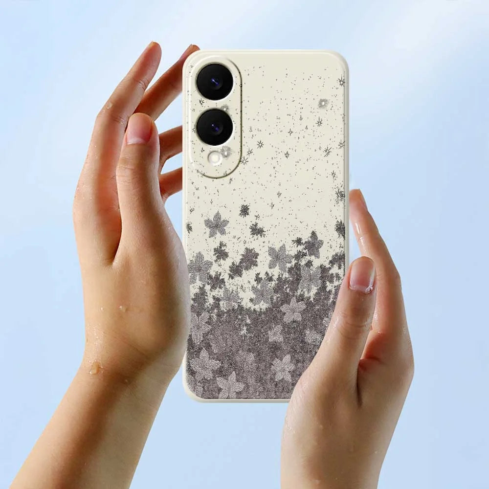For Samsung Galaxy S25 Edge Case Grey Flowers Pattern Printing Straight Edge TPU Phone Back Cover - Beige - 6