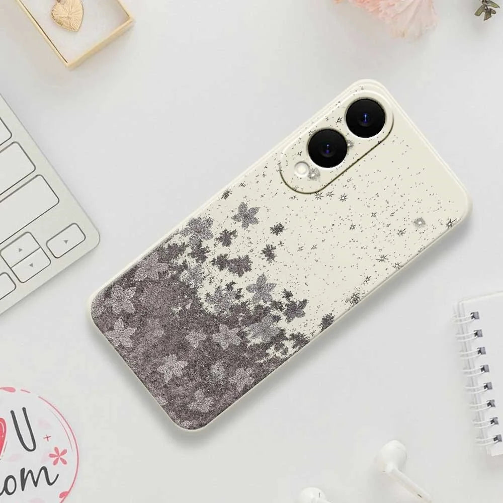 For Samsung Galaxy S25 Edge Case Grey Flowers Pattern Printing Straight Edge TPU Phone Back Cover - Beige - 7