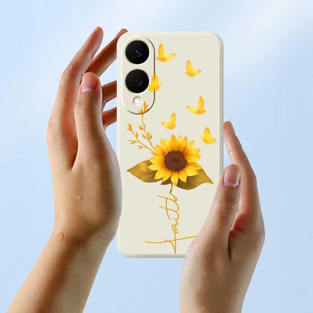 For Samsung Galaxy S25 Edge Case Golden Butterfly Sunflower Pattern Printing Straight Edge TPU Phone Back Cover - Beige - 6