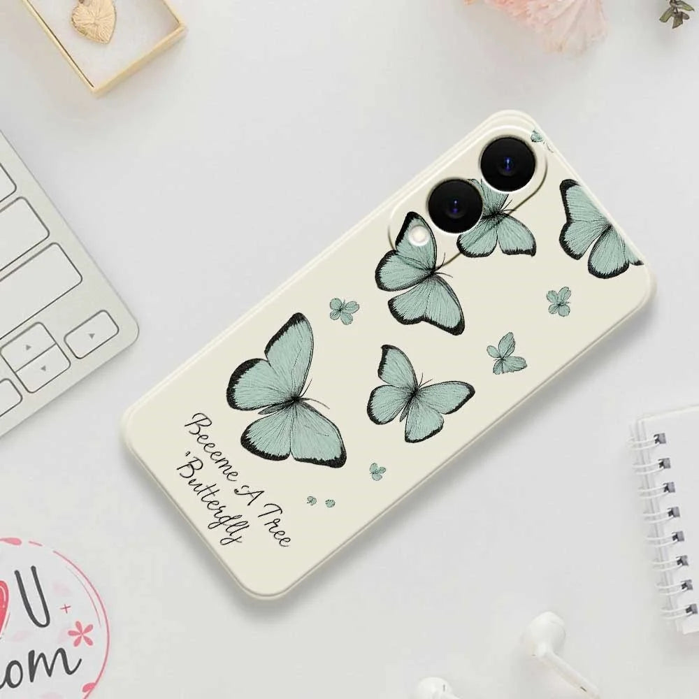 For Samsung Galaxy S25 Edge Case Green Butterfly Pattern Printing Straight Edge TPU Phone Back Cover - Beige - 7