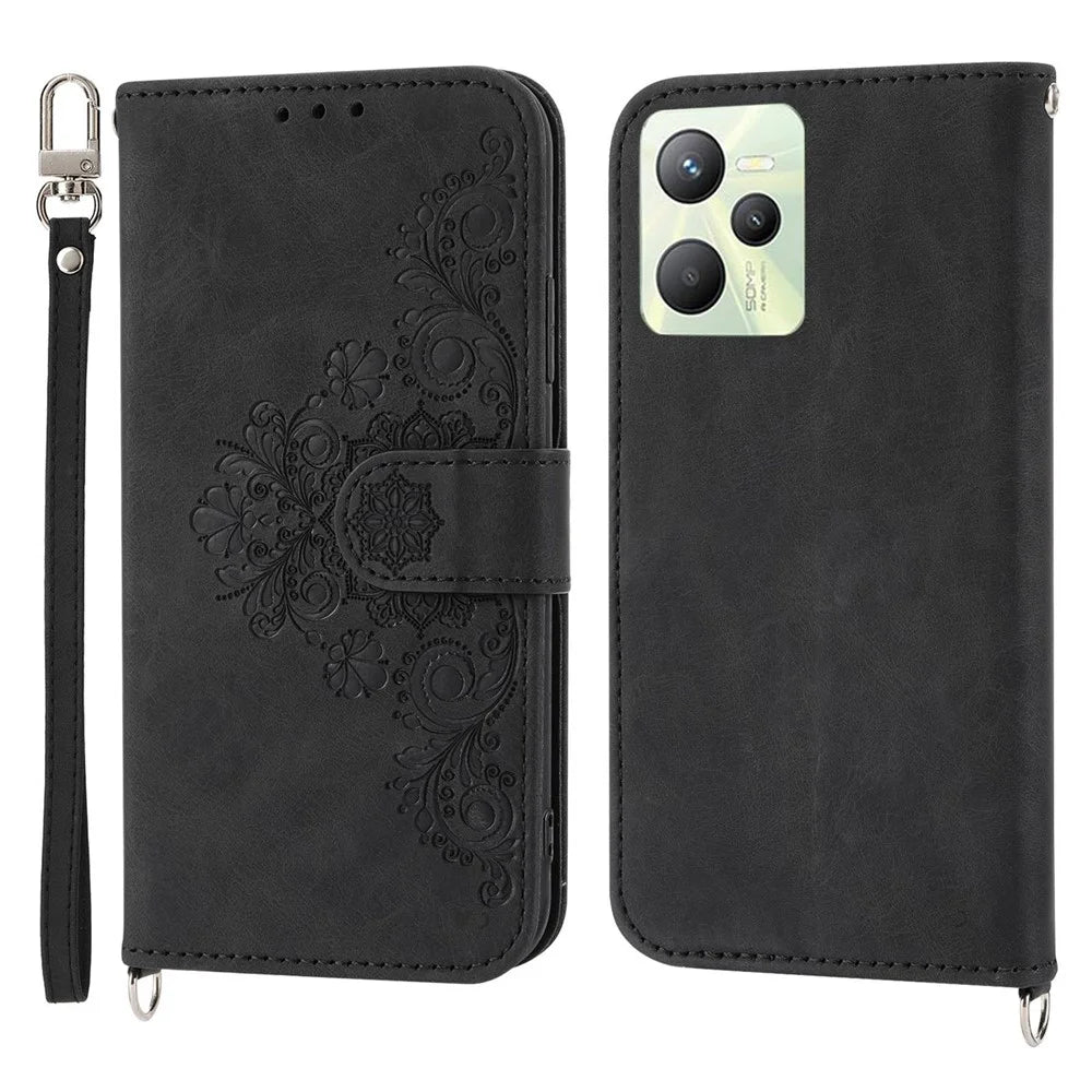 For Realme C35 4G Phone Case Imprinted Flowers PU Leather Stand Case Skin-touch Multiple Card Slots Phone Cover with Wrist Strap / Shoulder Strap - Black - 1