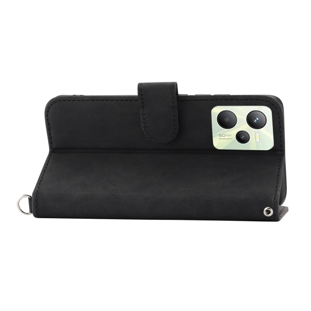For Realme C35 4G Phone Case Imprinted Flowers PU Leather Stand Case Skin-touch Multiple Card Slots Phone Cover with Wrist Strap / Shoulder Strap - Black - 2