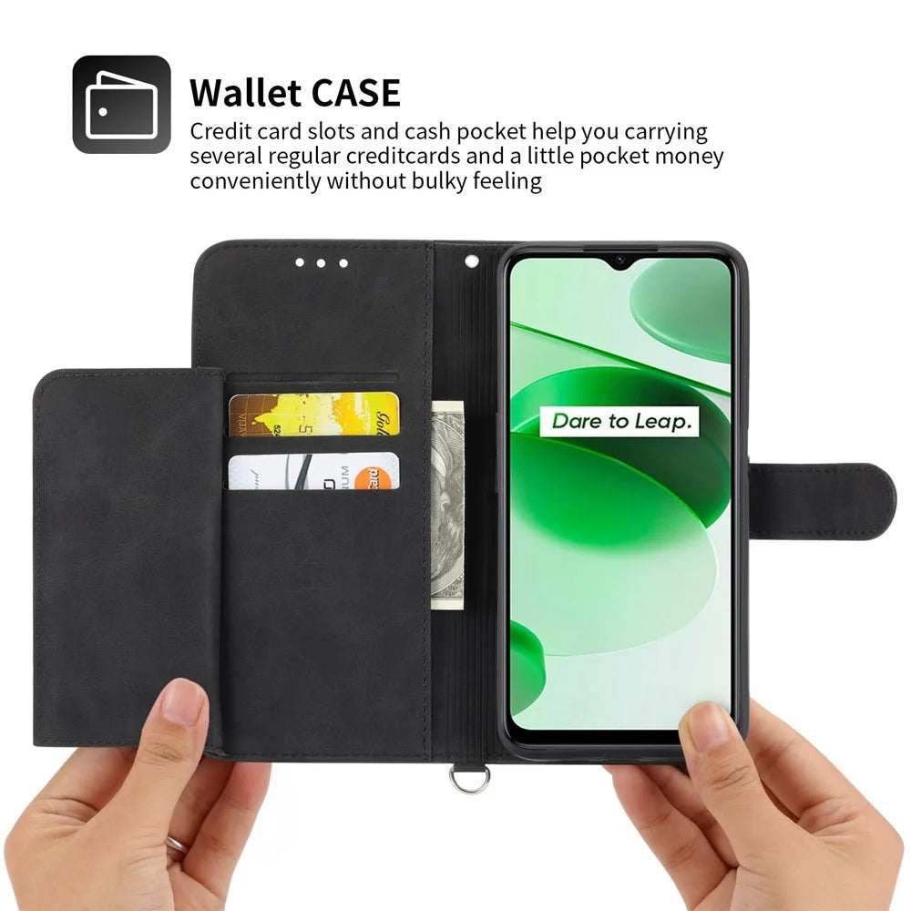 For Realme C35 4G Phone Case Imprinted Flowers PU Leather Stand Case Skin-touch Multiple Card Slots Phone Cover with Wrist Strap / Shoulder Strap - Black - 4
