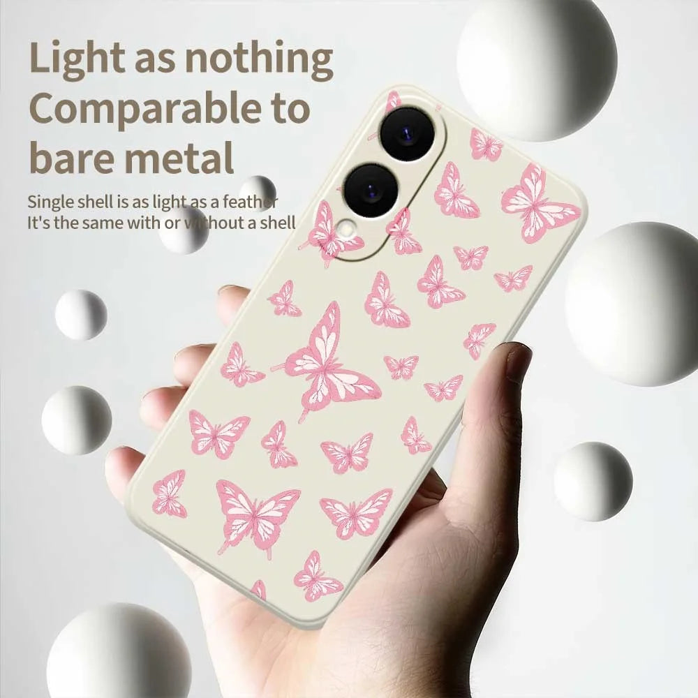 For Samsung Galaxy S25 Edge Case Pink Butterflies Pattern Printing Straight Edge TPU Phone Back Cover - Beige - 4