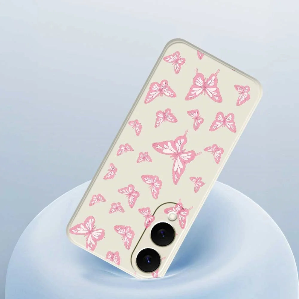 For Samsung Galaxy S25 Edge Case Pink Butterflies Pattern Printing Straight Edge TPU Phone Back Cover - Beige - 5
