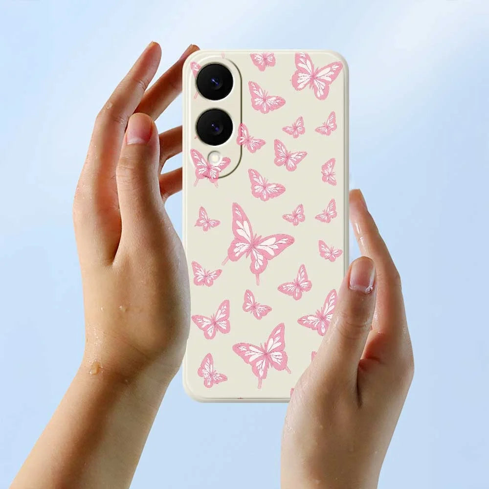For Samsung Galaxy S25 Edge Case Pink Butterflies Pattern Printing Straight Edge TPU Phone Back Cover - Beige - 6