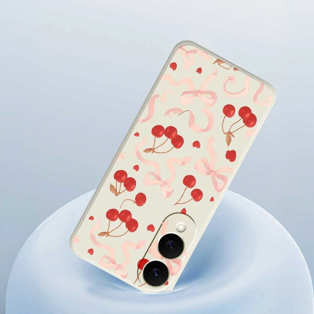 For Samsung Galaxy S25 Edge Case Big Bow Cherry Pattern Printing Straight Edge TPU Phone Back Cover - Beige - 5