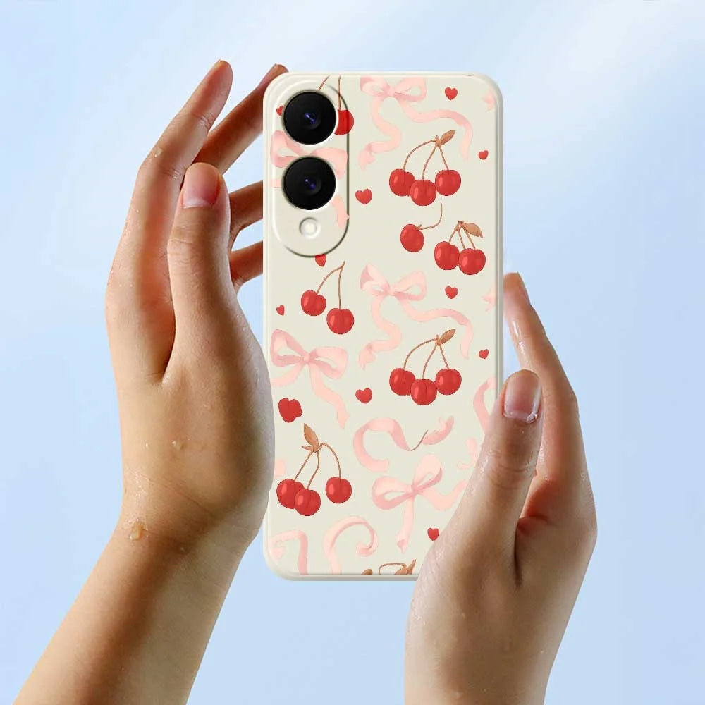 For Samsung Galaxy S25 Edge Case Big Bow Cherry Pattern Printing Straight Edge TPU Phone Back Cover - Beige - 6