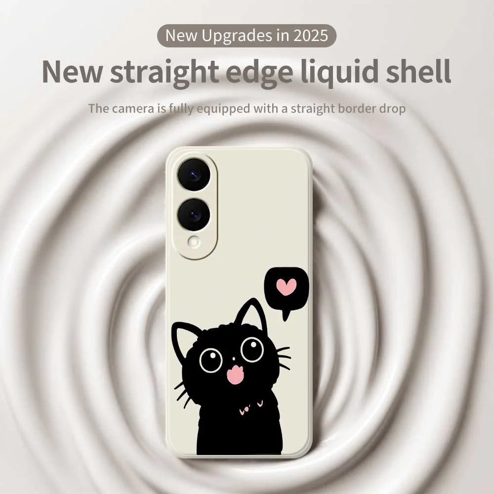 For Samsung Galaxy S25 Edge Case Love Black Cat Pattern Printing Straight Edge TPU Phone Back Cover - Beige - 3
