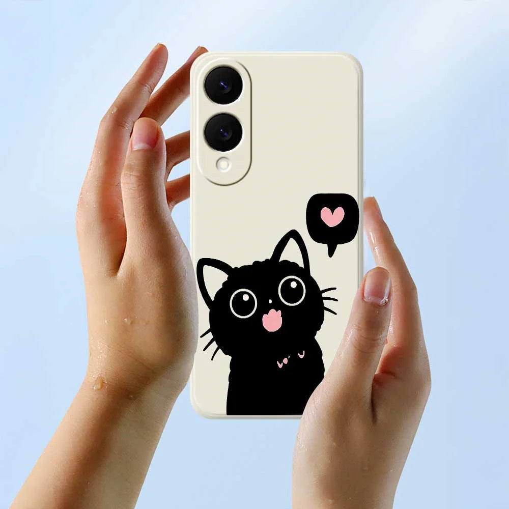 For Samsung Galaxy S25 Edge Case Love Black Cat Pattern Printing Straight Edge TPU Phone Back Cover - Beige - 6