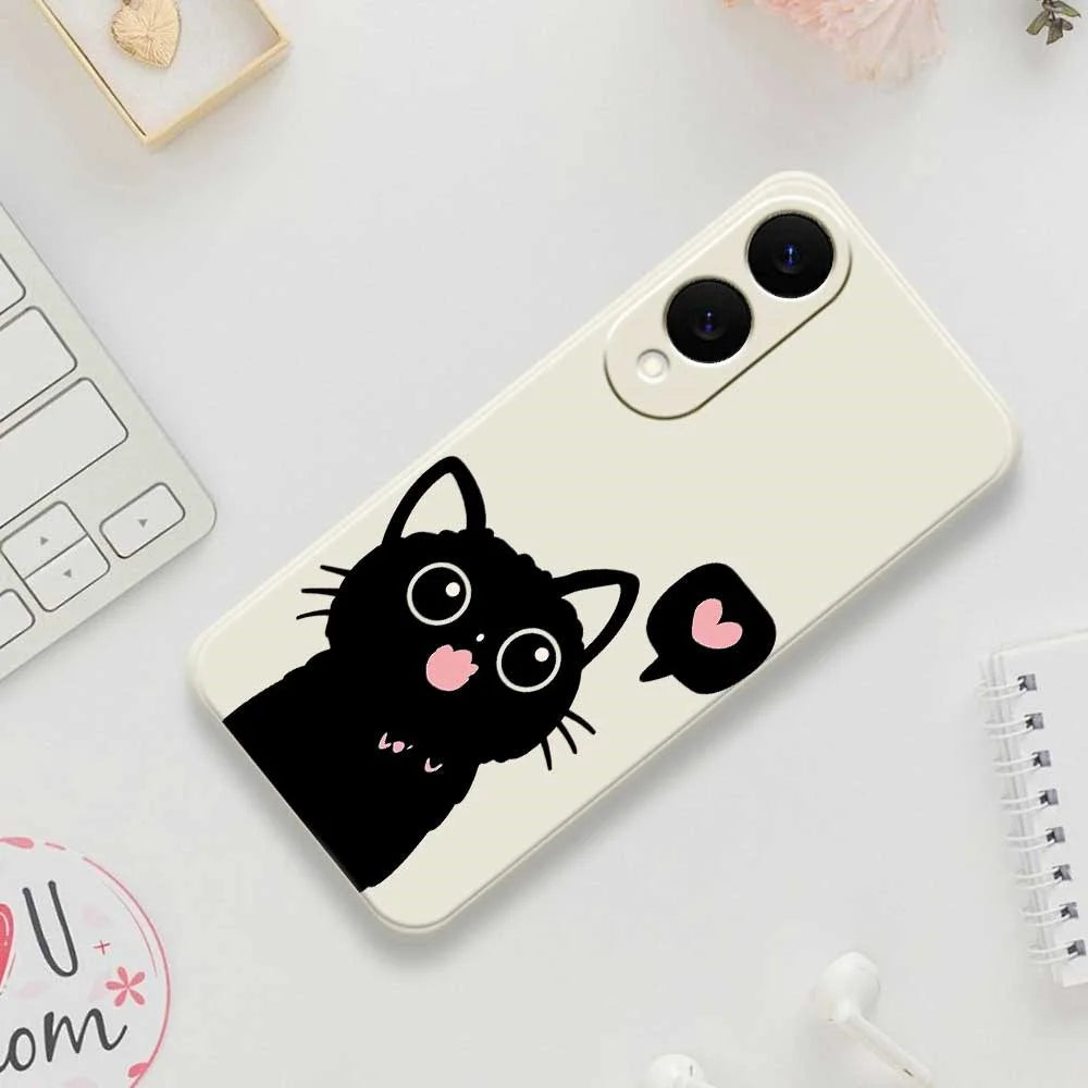 For Samsung Galaxy S25 Edge Case Love Black Cat Pattern Printing Straight Edge TPU Phone Back Cover - Beige - 7