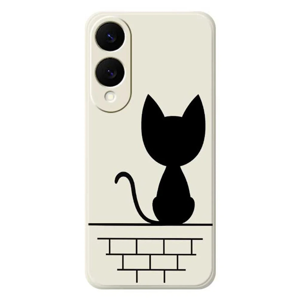 For Samsung Galaxy S25 Edge Case Black Cat on the Wall Pattern Printing Straight Edge TPU Phone Back Cover - Beige - 1
