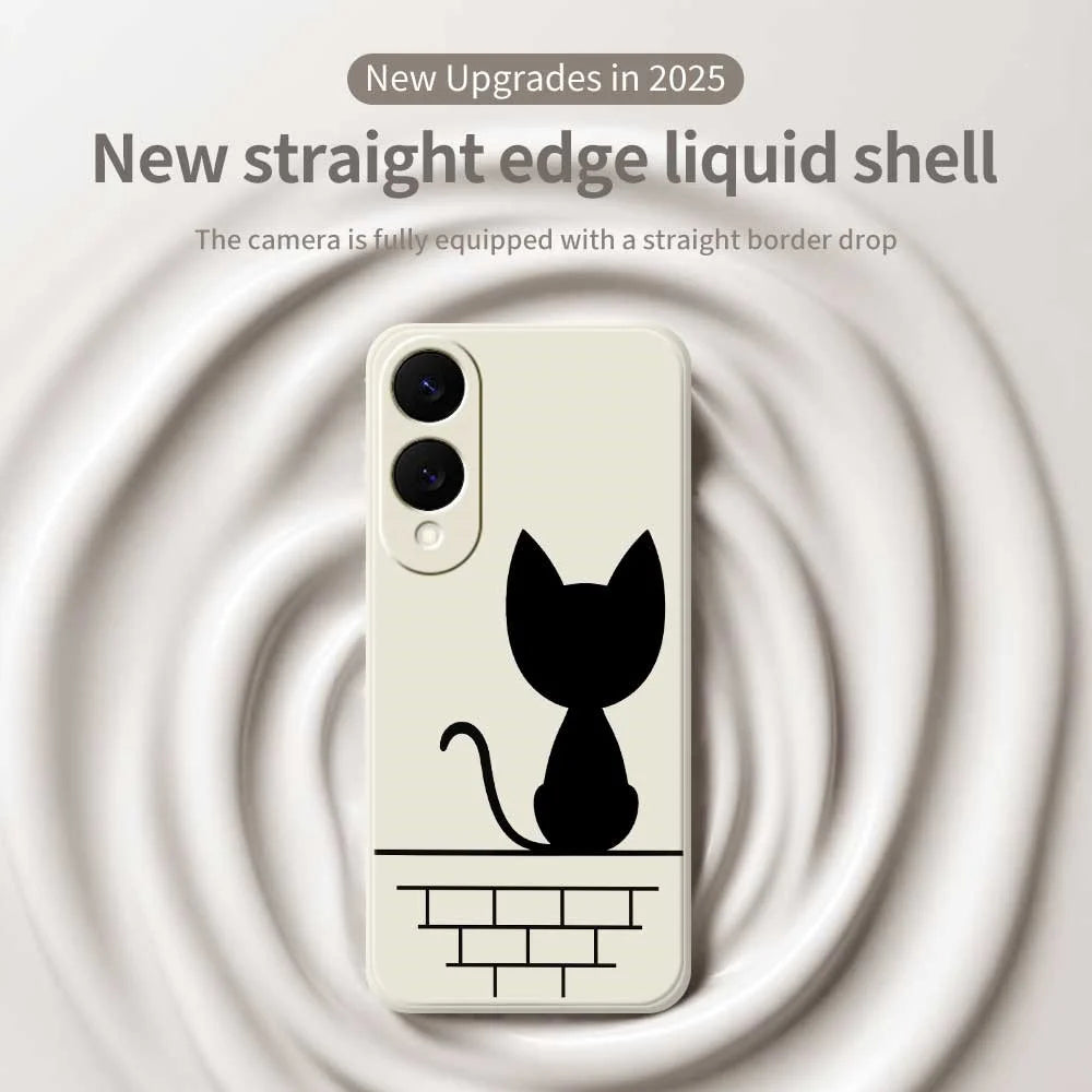 For Samsung Galaxy S25 Edge Case Black Cat on the Wall Pattern Printing Straight Edge TPU Phone Back Cover - Beige - 3