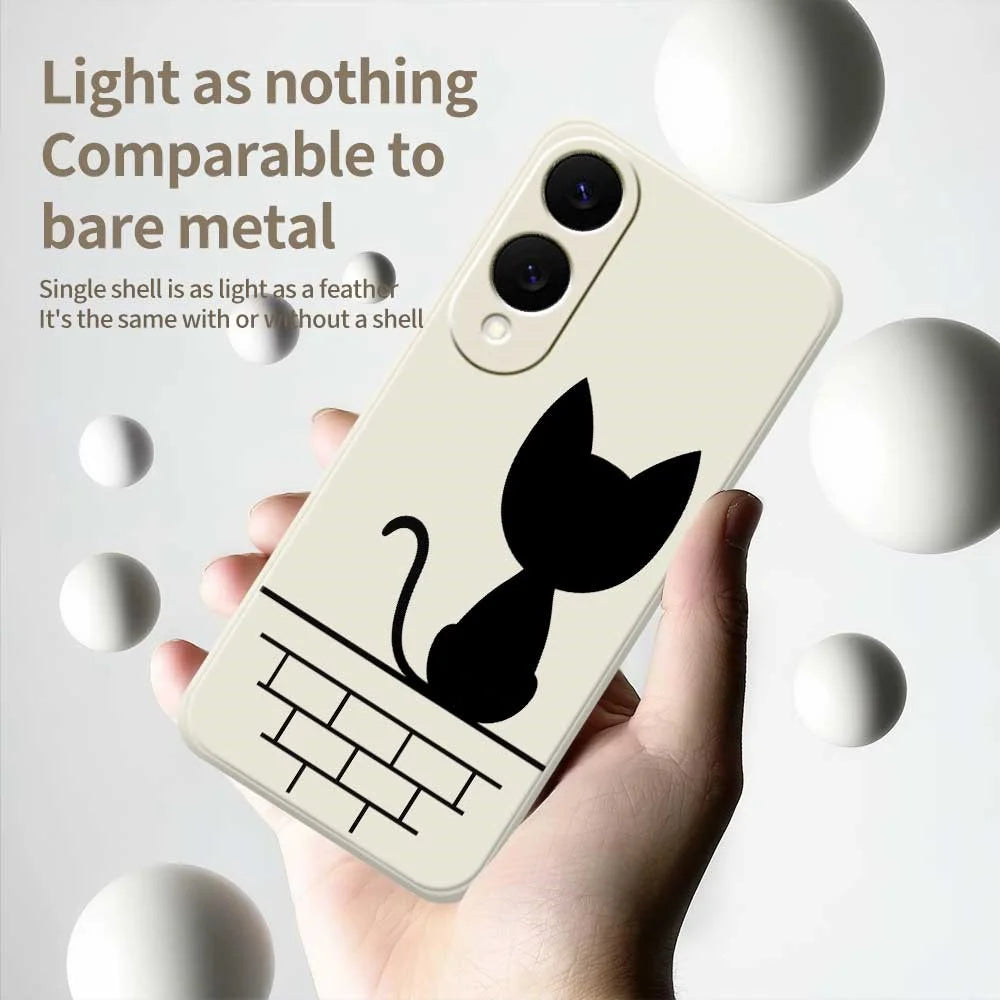 For Samsung Galaxy S25 Edge Case Black Cat on the Wall Pattern Printing Straight Edge TPU Phone Back Cover - Beige - 4