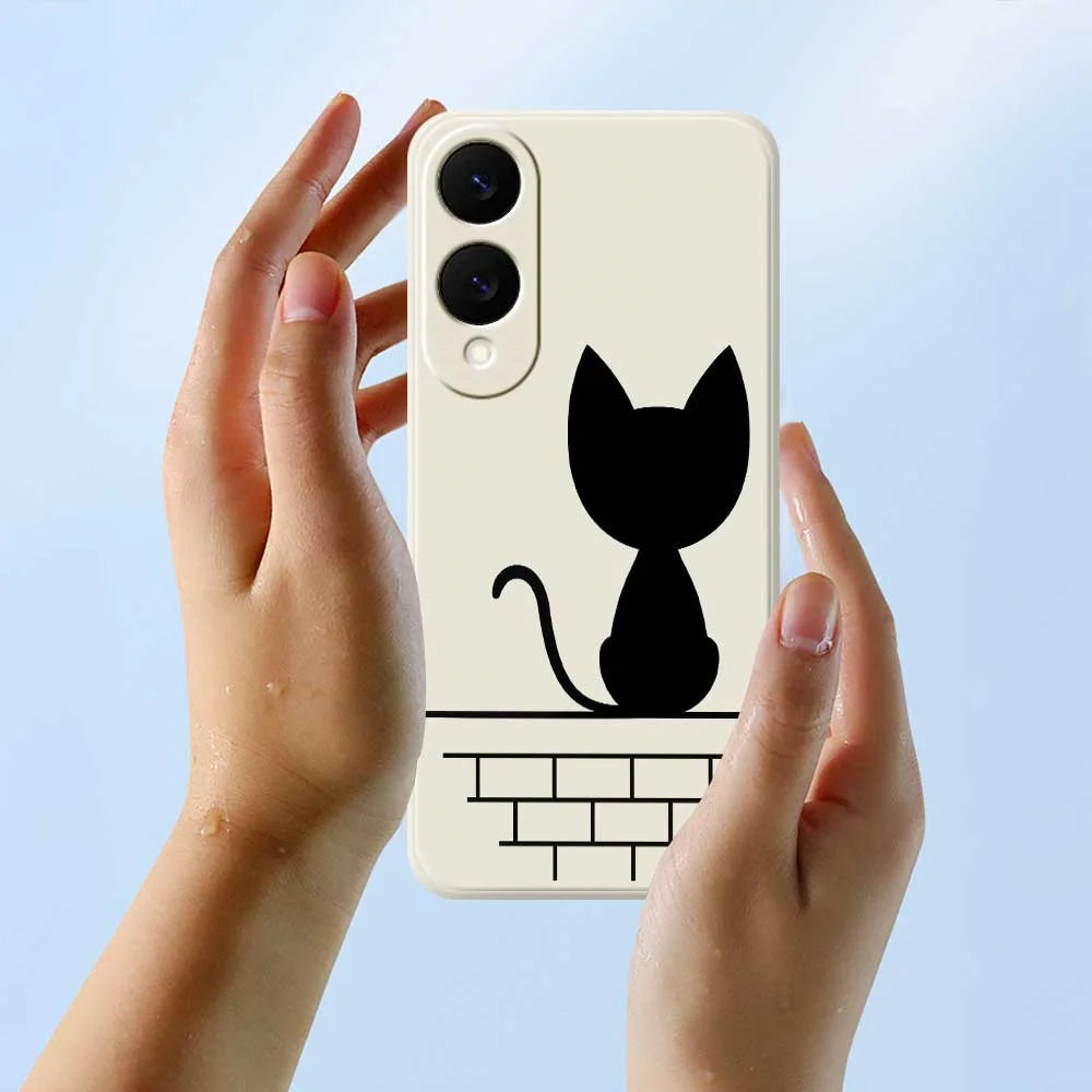 For Samsung Galaxy S25 Edge Case Black Cat on the Wall Pattern Printing Straight Edge TPU Phone Back Cover - Beige - 6
