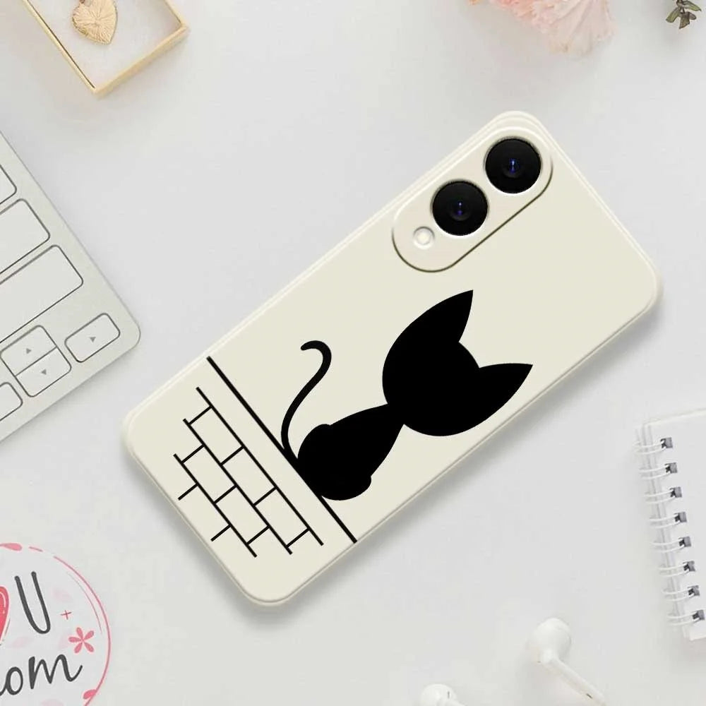 For Samsung Galaxy S25 Edge Case Black Cat on the Wall Pattern Printing Straight Edge TPU Phone Back Cover - Beige - 7