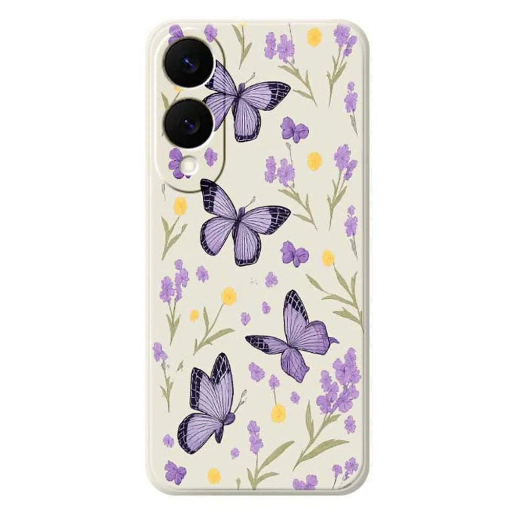 For Samsung Galaxy S25 Edge Case Purple Butterflies Pattern Printing Straight Edge TPU Phone Back Cover - Beige - 1