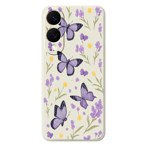 For Samsung Galaxy S25 Edge Case Purple Butterflies Pattern Printing Straight Edge TPU Phone Back Cover - Beige - 1