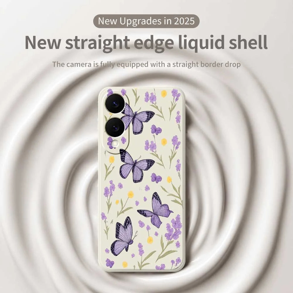 For Samsung Galaxy S25 Edge Case Purple Butterflies Pattern Printing Straight Edge TPU Phone Back Cover - Beige - 3