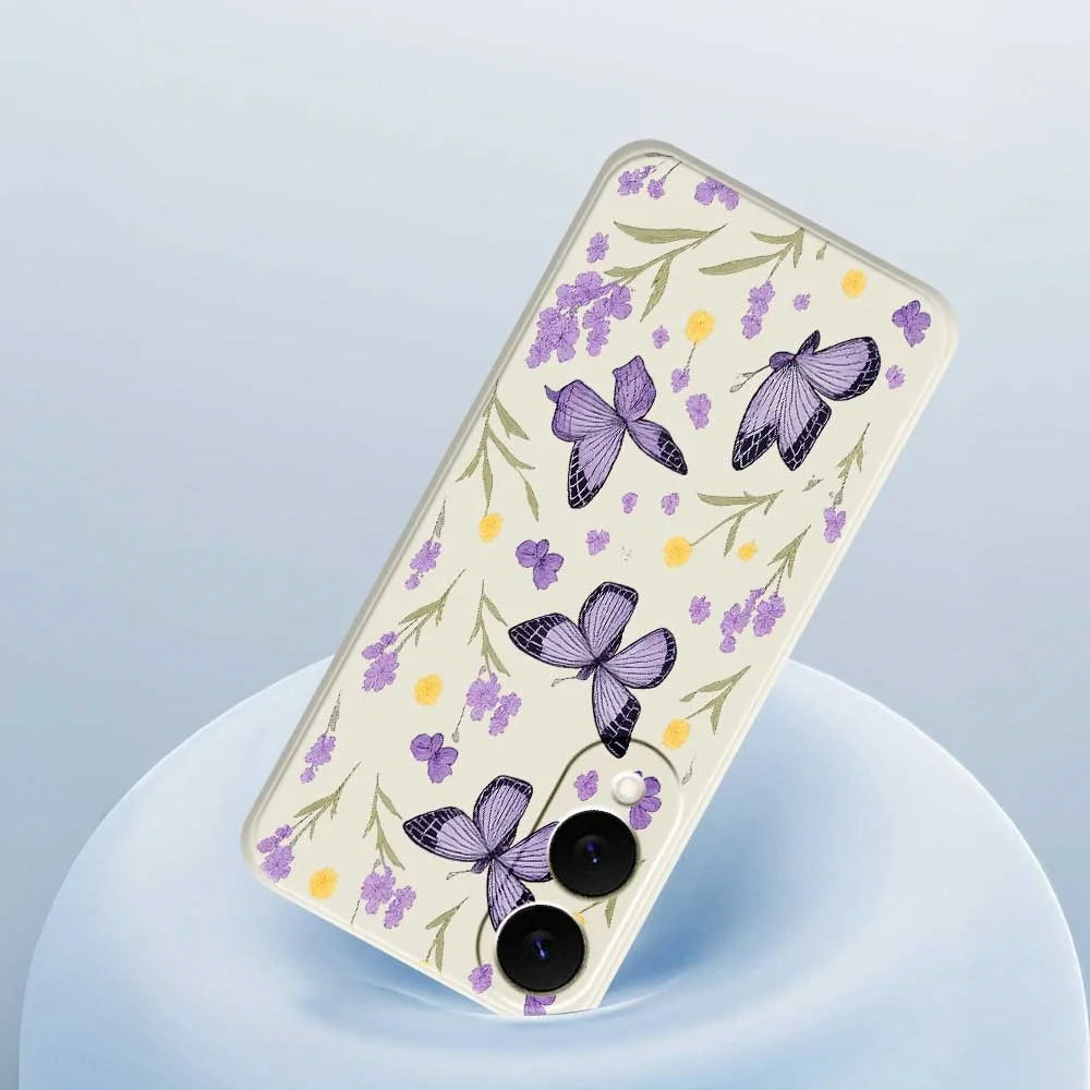 For Samsung Galaxy S25 Edge Case Purple Butterflies Pattern Printing Straight Edge TPU Phone Back Cover - Beige - 5