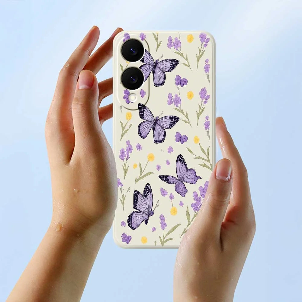For Samsung Galaxy S25 Edge Case Purple Butterflies Pattern Printing Straight Edge TPU Phone Back Cover - Beige - 6