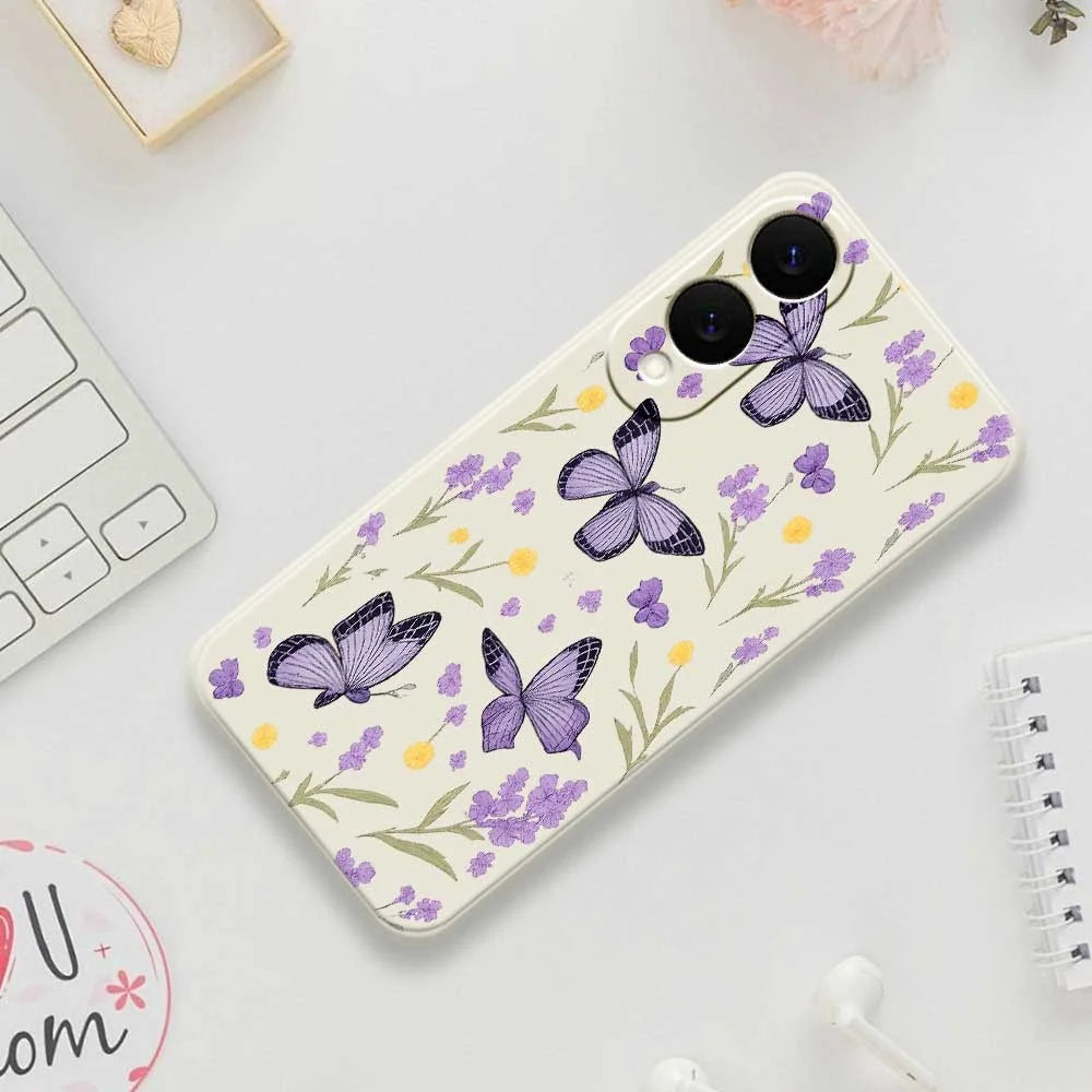 For Samsung Galaxy S25 Edge Case Purple Butterflies Pattern Printing Straight Edge TPU Phone Back Cover - Beige - 7