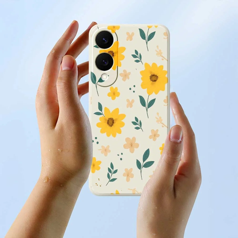 For Samsung Galaxy S25 Edge Case Yellow Floral and Leaves Pattern Printing Straight Edge TPU Phone Back Cover - Beige - 6