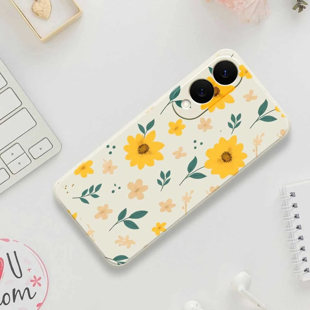 For Samsung Galaxy S25 Edge Case Yellow Floral and Leaves Pattern Printing Straight Edge TPU Phone Back Cover - Beige - 7