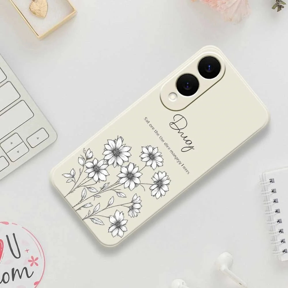 For Samsung Galaxy S25 Edge Case Sketch Flowers Pattern Printing Straight Edge TPU Phone Back Cover - Beige - 7