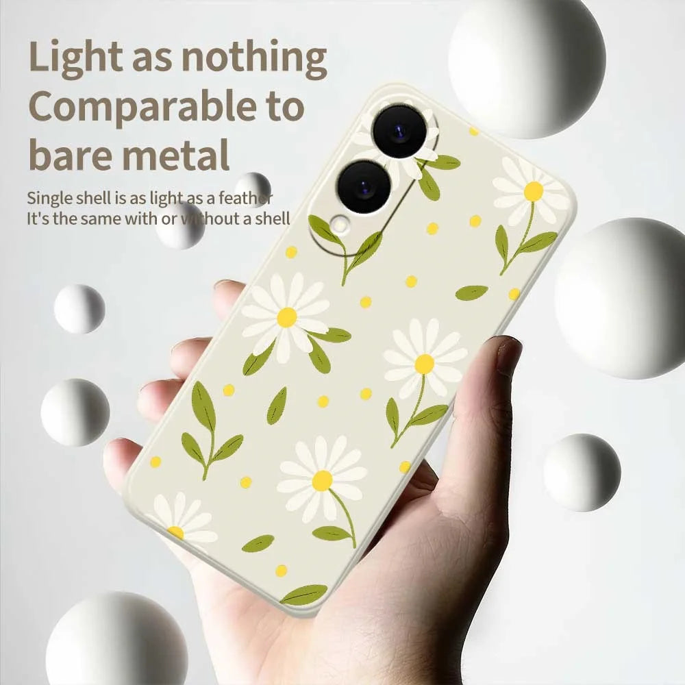 For Samsung Galaxy S25 Edge Case White Flowers Green Leaves Pattern Printing Straight Edge TPU Phone Back Cover - Beige - 4