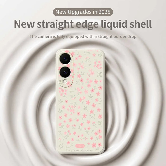 For Samsung Galaxy S25 Edge Case Pink Small Flowers Pattern Printing Straight Edge TPU Phone Back Cover - Beige - 3