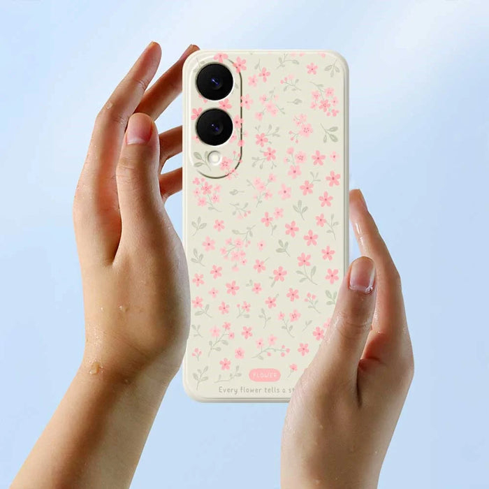 For Samsung Galaxy S25 Edge Case Pink Small Flowers Pattern Printing Straight Edge TPU Phone Back Cover - Beige - 6