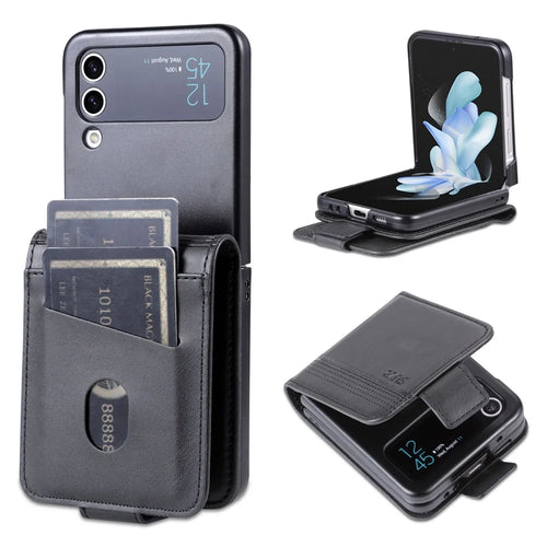 AZNS For Samsung Galaxy Z Flip4 5G Phone Case Magnetic Closure Shockproof Case Cowhide Texture PU Leather Folio Flip Cover with Card Slot - Black - 1