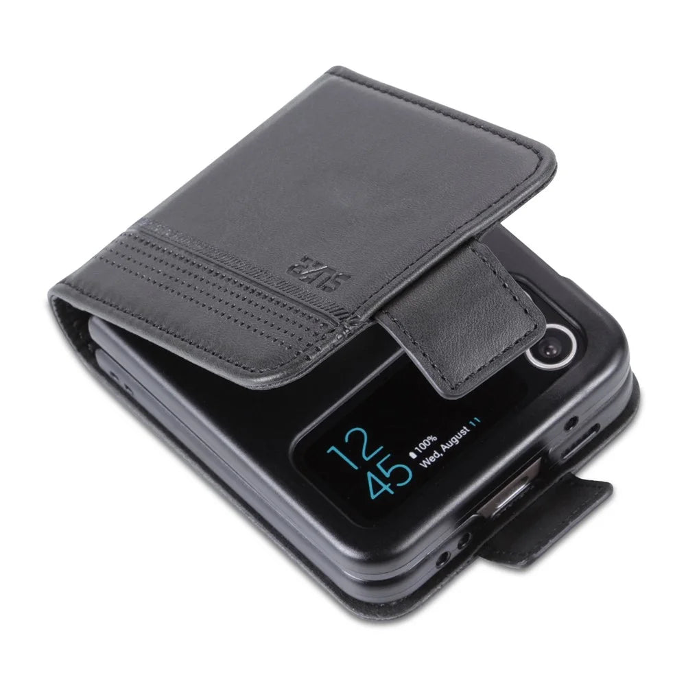 AZNS For Samsung Galaxy Z Flip4 5G Phone Case Magnetic Closure Shockproof Case Cowhide Texture PU Leather Folio Flip Cover with Card Slot - Black - 5